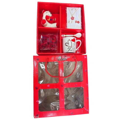 Caja de regalo con osito de peluche, rosa, carta y taza